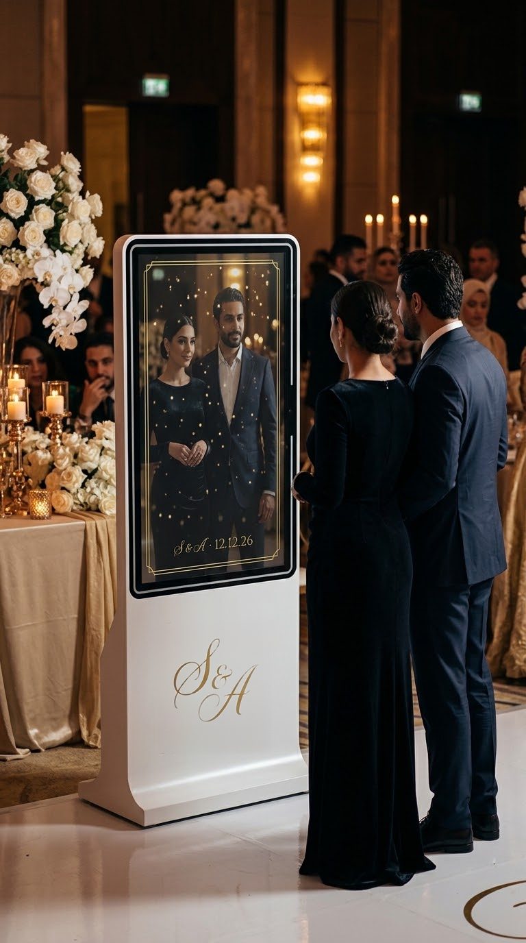 A couple at a candlelit wedding reception pose in front of FRXME. On screen they are framed by a gold monogram border with gold dust falling around them.